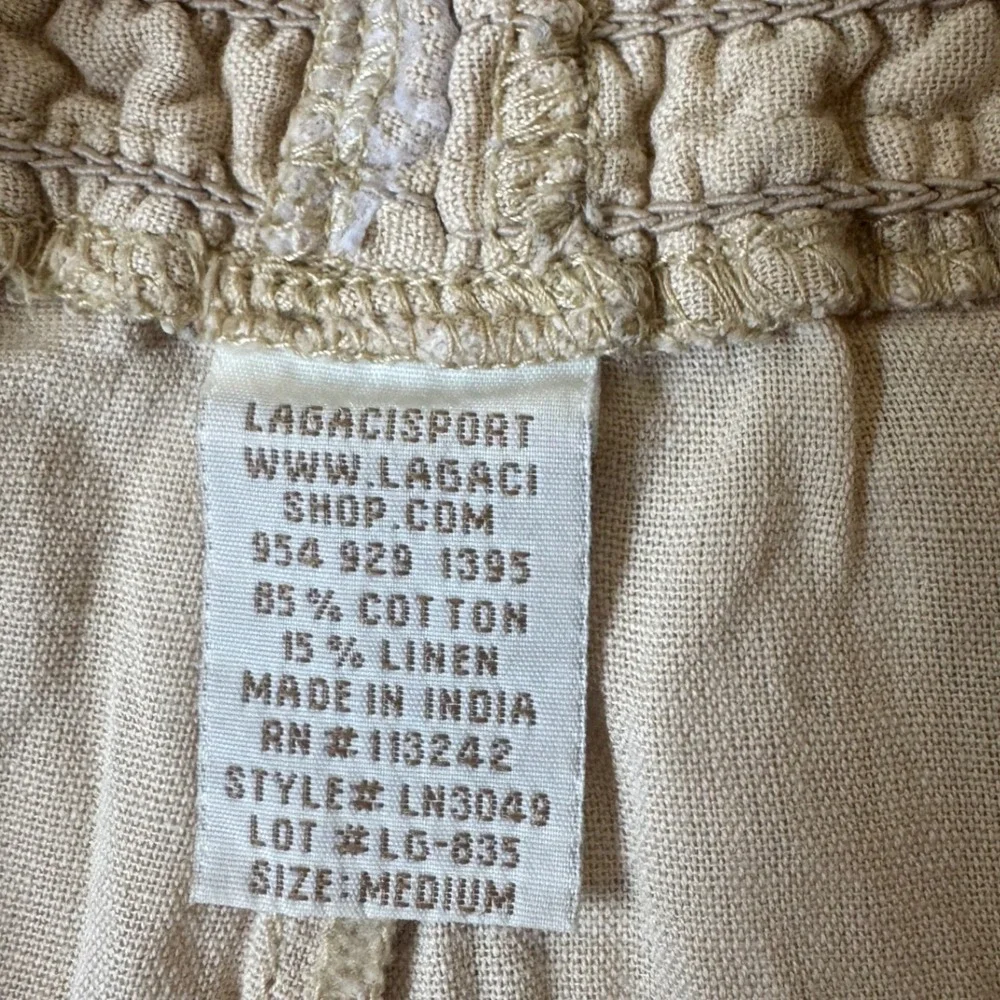 LAGACI Tan Smocked Waist Linen Blend Cargo Shorts Khaki Drawstring Casual Womens